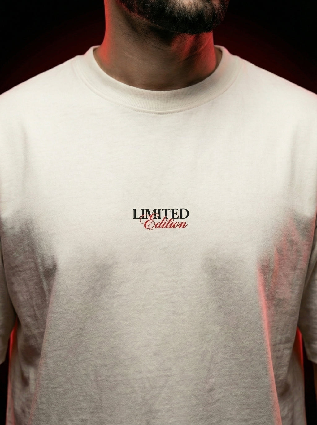 Front view of oversized off-white t-shirt with minimal “limited edition” chest print, clean premium cotton fabric, modern streetwear India, cinematic fashion inspired by bollywood crime and spy aesthetic outfits for men