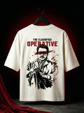Off-white oversized graphic t-shirt hanging on hanger showing full back print with bold illustrated character and red accents, cinematic spy inspired design, streetwear oversized tee India, premium cotton graphic t shirt men