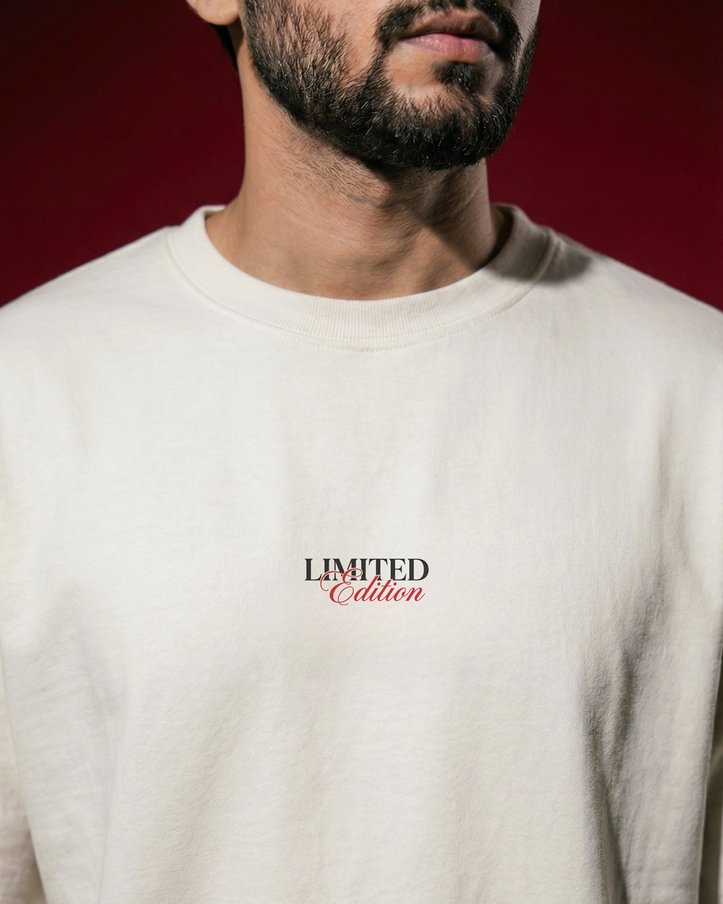 Close up of model wearing Dhurandhar inspired Ghayal oversized t shirt showing premium fabric and minimal front design in streetwear India
