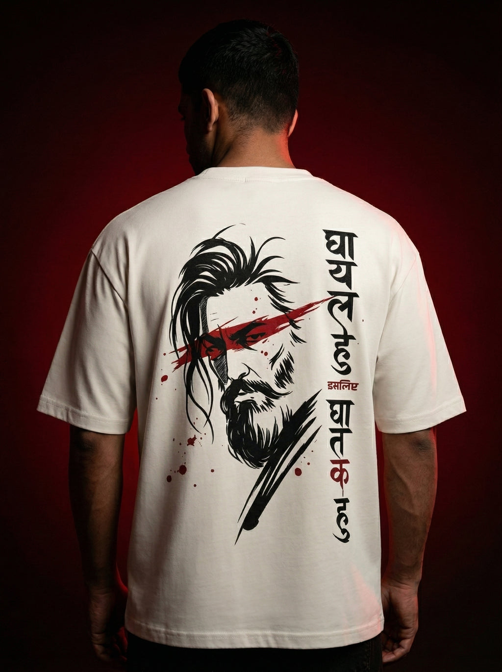 Model wearing Dhurandhar inspired Ghayal oversized t shirt with graphic back print in premium streetwear style India