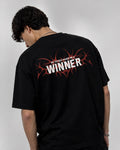"Studio detail of My Father Raised Me A Winner back graphic on Noverra limited edition heavy GSM boxy fit t-shirt, premium cotton oversized streetwear India"