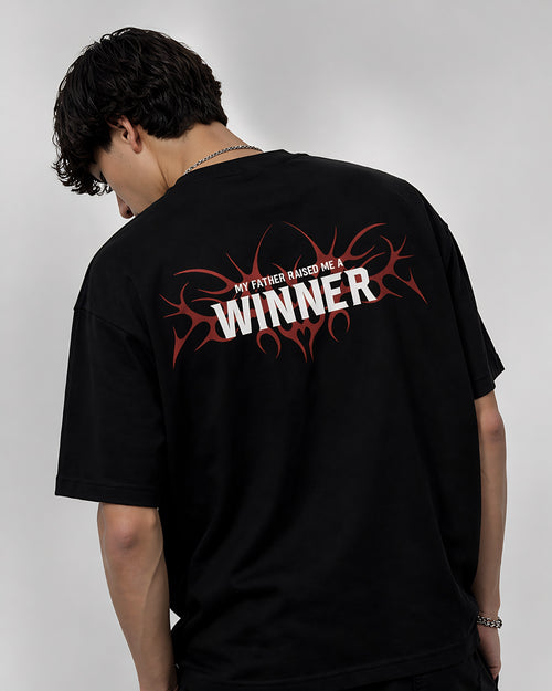 "Studio detail of My Father Raised Me A Winner back graphic on Noverra limited edition heavy GSM boxy fit t-shirt, premium cotton oversized streetwear India"