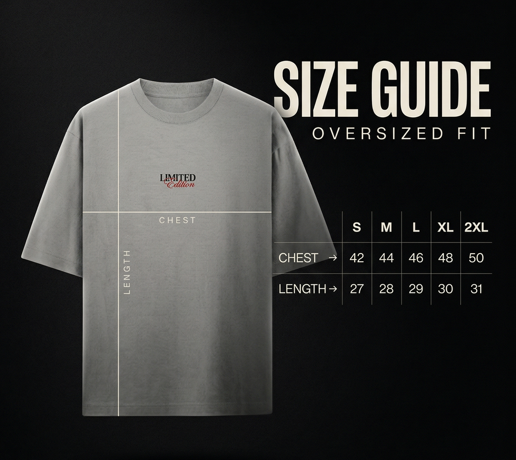 Oversized t shirt size guide India showing chest and length measurements for premium streetwear fit
