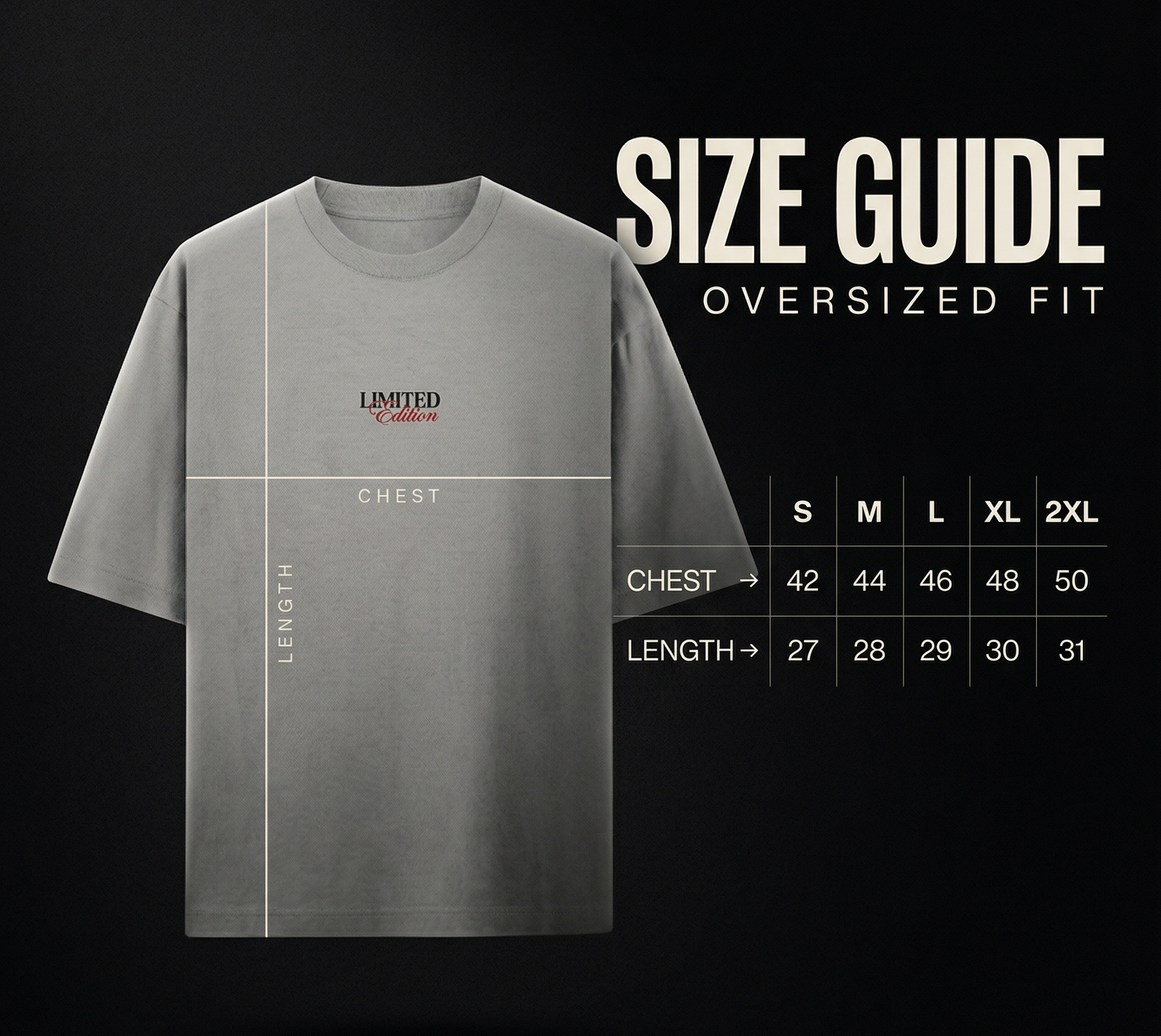Oversized t shirt size guide India showing chest and length measurements for premium streetwear fit