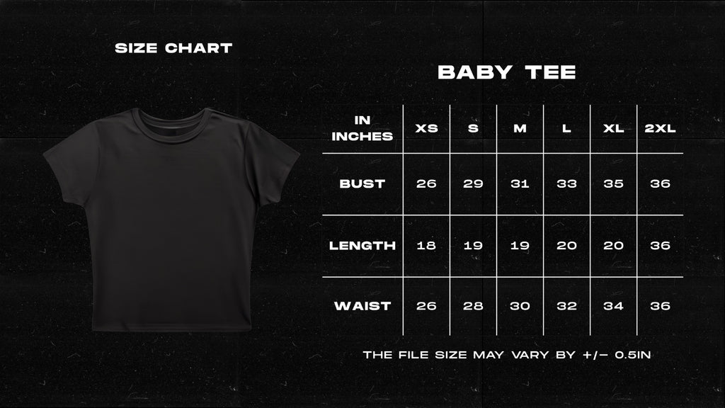 Women’s baby tee size chart for black crop top showing bust waist and length measurements in inches, gen z streetwear fit guide for aesthetic bad girl fashion, Size guide for women’s black crop top with detailed measurements for baby tee fit, ideal for gen z streetwear and aesthetic fashion styling