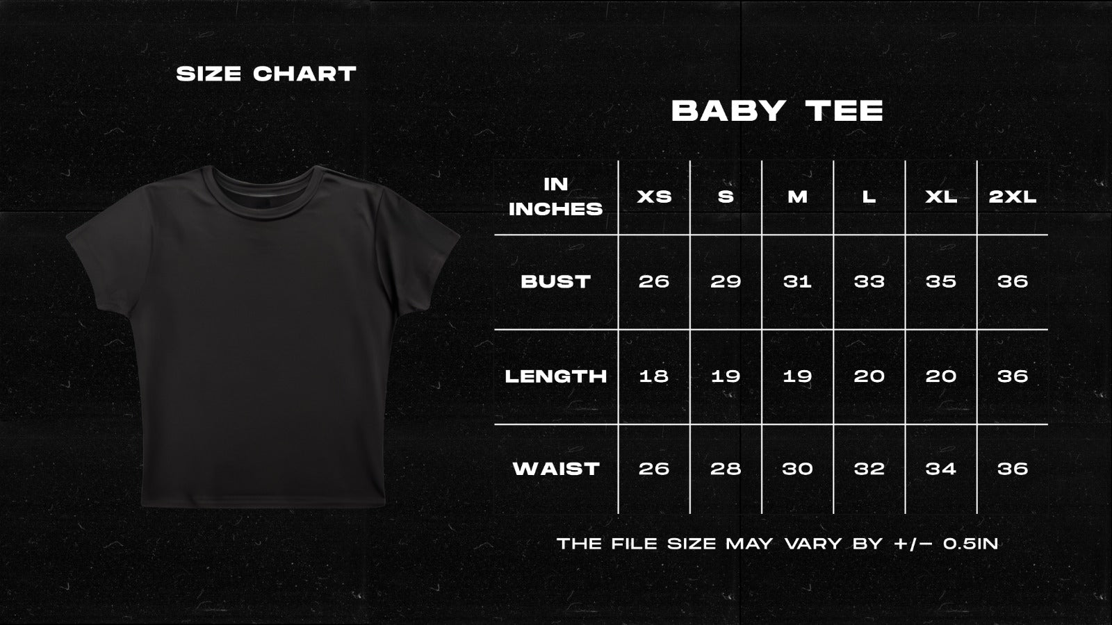 Women’s baby tee size chart for black crop top showing bust waist and length measurements in inches, gen z streetwear fit guide for aesthetic bad girl fashion, Size guide for women’s black crop top with detailed measurements for baby tee fit, ideal for gen z streetwear and aesthetic fashion styling